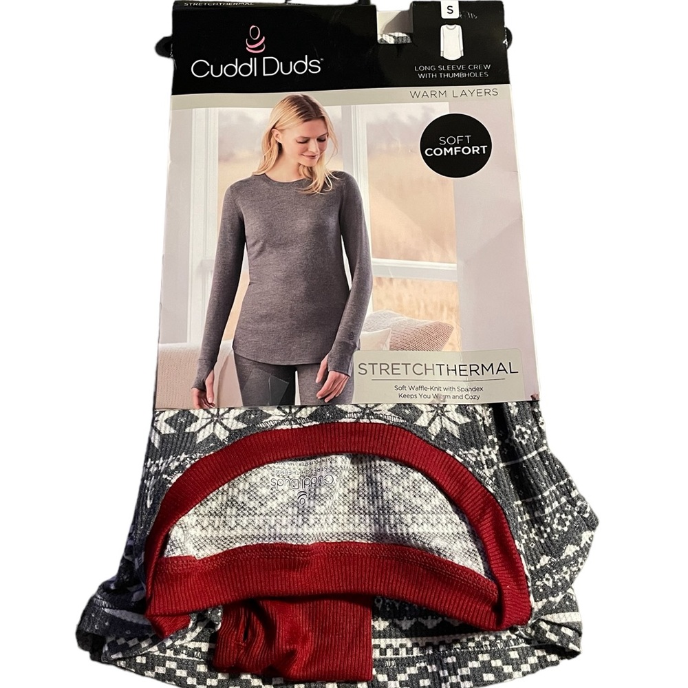 Cuddl Duds‎ Long Sleeve Crew with Thumbholes, Waffle Knit, Size S, NIP